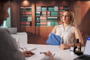 Injured Worker Consulting Attorney Over Compensation Claim Papers At Workplace